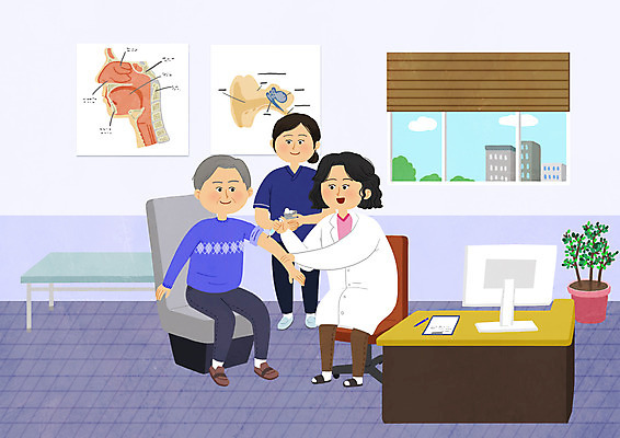 전신 PSD 여자 할아버지 노년 남자 화분 의자 일러스트 병원 주사기 서기 앉기 성인 세명 모니터 보라색 간호사 의사 책상 백신 예방접종 진료실 코로나바이러스 백신접종 델타변이바이러스 부스터샷 위드코로나 국내일러스트 컬러 가구 의학 의료기기 모션 사람 컴퓨터 진료 의료진 바이러스 사회이슈 접종 파일형식