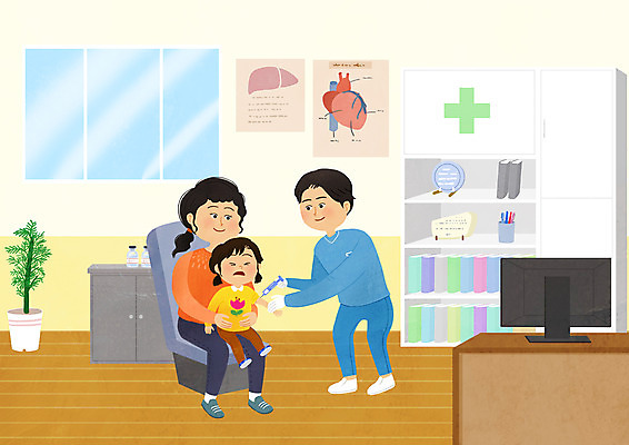 전신 PSD 여자 남자 딸 화분 어린이 일러스트 모녀 엄마 책장 병원 주사기 서기 들기 앉기 소녀 성인 세명 모니터 의사 찡그림 백신 예방접종 진료실 코로나바이러스 백신접종 델타변이바이러스 부스터샷 위드코로나 국내일러스트 가구 의학 가족 의료기기 모션 표정 사람 컴퓨터 진료 의료진 바이러스 사회이슈 접종 파일형식