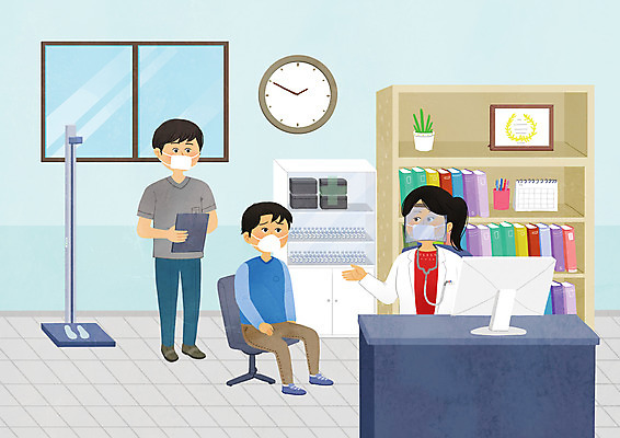 전신 PSD 여자 남자 시계 일러스트 책장 병원 마스크 서기 들기 앉기 상반신 성인 세명 모니터 간호사 의사 서류판 예방접종 진료실 성인만 코로나바이러스 델타변이바이러스 국내일러스트 가구 의학 모션 사람 컴퓨터 사무용품 진료 의료진 바이러스 접종 파일형식