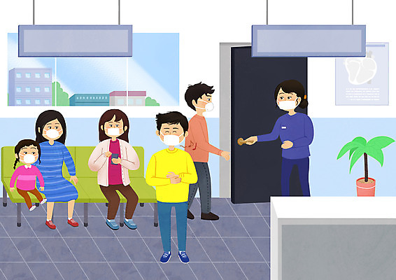 전신 PSD 여자 남자 화분 어린이 의자 일러스트 창문 병원 마스크 서기 앉기 소녀 여러명 성인 간호사 대기실 백신 예방접종 코로나바이러스 백신접종 델타변이바이러스 위드코로나 국내일러스트 가구 다수 의학 모션 사람 공간 의료진 바이러스 사회이슈 접종 파일형식