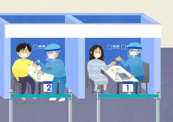 전신 PSD 여자 남자 일러스트 병원 주사기 마스크 들기 앉기 여러명 성인 파란색 의사 백신 예방접종 진료실 성인만 코로나바이러스 백신접종 델타변이바이러스 부스터샷 위드코로나 국내일러스트 컬러 다수 의학 의료기기 모션 사람 진료 의료진 바이러스 사회이슈 접종 파일형식