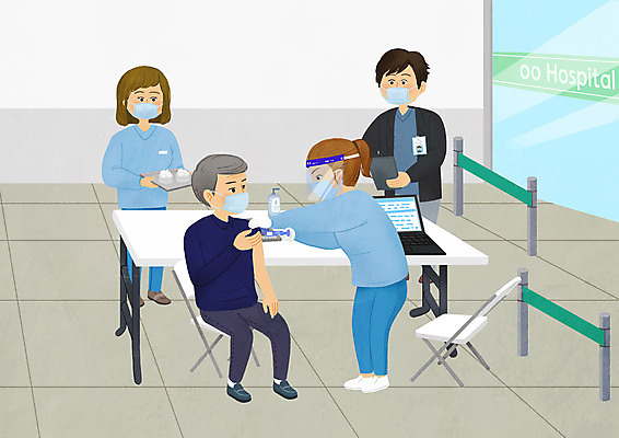 전신 PSD 여자 할아버지 노년 남자 일러스트 병원 주사기 마스크 서기 들기 앉기 여러명 성인 노트북 간호사 의사 백신 예방접종 진료실 코로나바이러스 백신접종 델타변이바이러스 부스터샷 위드코로나 국내일러스트 다수 의학 의료기기 모션 사람 전자제품 진료 의료진 바이러스 사회이슈 접종 파일형식