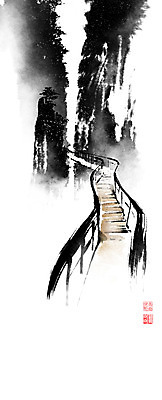 PSD 건축물 일러스트 캘리그라피 붓터치 풍경 사람없음 계곡 동양화 번짐 낙관 산수화 가교 국내일러스트 건축 미술 파일형식 효과