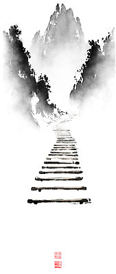 PSD 일러스트 캘리그라피 붓터치 산 풍경 사람없음 계곡 동양화 번짐 낙관 산수화 나무계단 국내일러스트 미술 계단 파일형식 효과