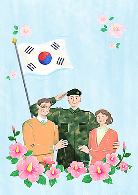 PSD 여자 남자 아들 중년 하늘색 일러스트 안기 엄마 상반신 성인 세명 부모 군인 아빠 태극기 군복 무궁화 현충일 거수경례 호국보훈의달 국내일러스트 직업 기념일 꽃 유니폼 가족 모션 사람 파란색 국기 6월 경례 국군 파일형식