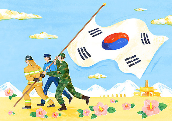 전신 PSD 구름 여자 남자 일러스트 산 함께함 들기 성인 세명 걷기 군인 잡기 경찰 태극기 소방관 군복 경찰복 무궁화 현충일 방화복 성인만 호국보훈의달 현충원 국내일러스트 자연요소 직업 기념일 꽃 컨셉 유니폼 모션 사람 국기 6월 구조원 소방 국군 파일형식