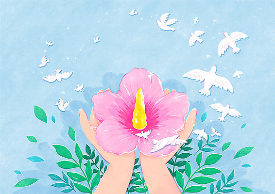 PSD 손 하늘색 잎 여러마리 일러스트 들기 신체부위 평화 무궁화 현충일 백비둘기 추모 호국보훈의달 국내일러스트 식물 기념일 꽃 다수 컨셉 모션 사람 파란색 6월 비둘기 파일형식