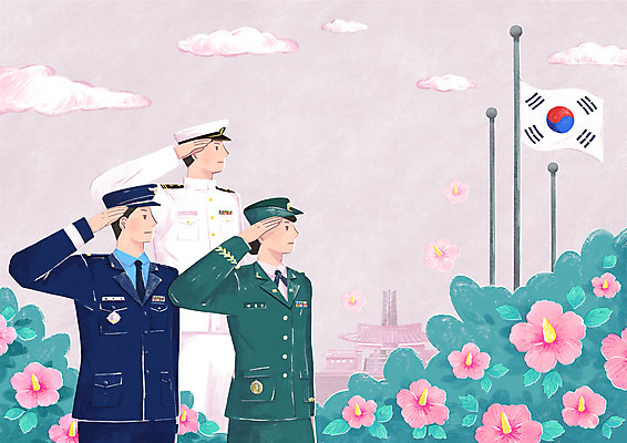PSD 구름 여자 남자 분홍색 일러스트 상반신 성인 세명 군인 태극기 공군 군복 해군 육군 무궁화 현충일 거수경례 게양대 국기게양 추모 성인만 호국보훈의달 현충원 국내일러스트 자연요소 직업 기념일 꽃 컬러 유니폼 군대 사람 국기 6월 경례 국군 파일형식