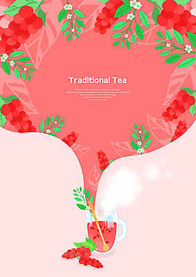 PSD 꽃 잎 일러스트 잔 사람없음 빨간색 전통차 티스푼 오미자 오미자차 국내일러스트 식물 식기 컬러 차_음료 숟가락 파일형식