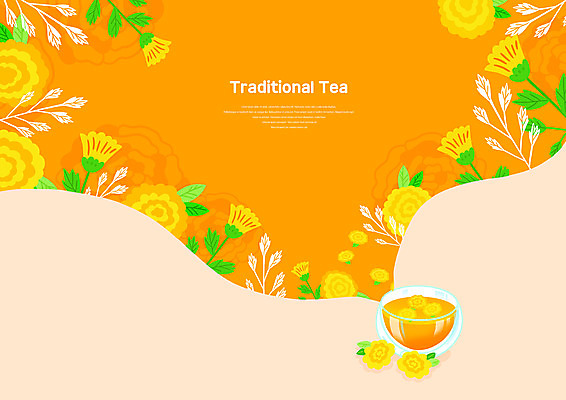 PSD 잎 일러스트 국화 사람없음 주황색 전통차 찻잔 국화차 국내일러스트 식물 꽃 컬러 잔 차_음료 파일형식