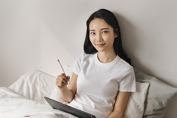 포토 JPG 우먼라이프 응시 여자 베개 실내 한명 미소 들기 앉기 상반신 20대 성인 앞모습 태블릿 기댐 한국인 침대 싱글라이프 성인여자한명만 태블릿펜 국내포토 1 라이프스타일 시선 뷰포인트 가구 침구 모션 표정 사람 동양인 청년 내부 전자제품 스마트기기 펜 여자한명만 성인여자만 파일형식