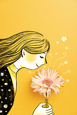 PSD 편집이미지 여자 꽃 포토일러 한명 들기 상반신 성인 노란색 눈감음 향기 손그림 감성 성인여자한명만 이미지편집 식물 1 컬러 컨셉 모션 사람 냄새 여자한명만 성인여자만 파일형식