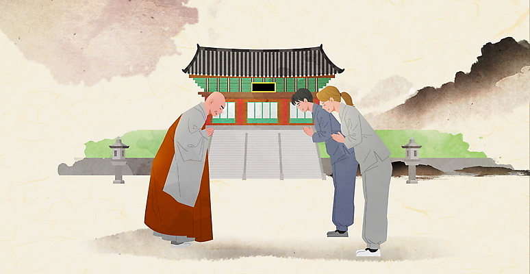 전신 PSD 외국인 여자 남자 불교 일러스트 성인 세명 한국인 인사 사찰 승려 승복 합장 생활한복 템플스테이 성인만 국내일러스트 종교 종교건축 사람 동양인 인종 손짓 예절 체험 한복 성직자 파일형식