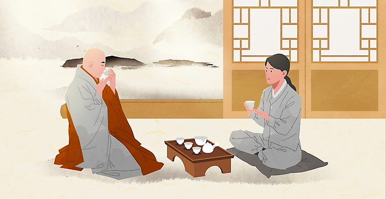 전신 PSD 여자 남자 불교 일러스트 방석 들기 성인 두명 한국인 마시기 찻잔 다도 승려 가부좌 승복 생활한복 템플스테이 성인만 다도상 국내일러스트 종교 모션 탁자 잔 사람 앉기 동양인 예절 체험 한복 성직자 파일형식