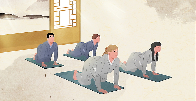 전신 PSD 서양인 여자 남자 불교 일러스트 요가 여러명 성인 한국인 매트 무릎꿇기 고양이자세 생활한복 템플스테이 성인만 국내일러스트 외국인 웰빙 종교 다수 모션 사람 동양인 요가자세 체험 한복 파일형식