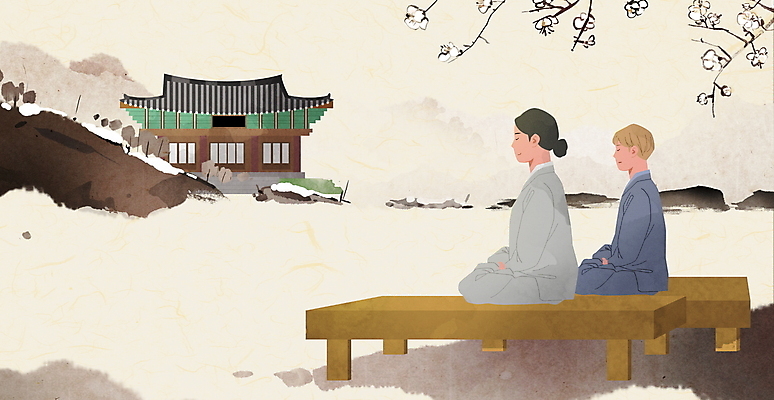 전신 PSD 서양인 여자 남자 불교 일러스트 성인 두명 한국인 사찰 명상 가부좌 평상 승복 생활한복 템플스테이 성인만 차분 국내일러스트 외국인 종교 컨셉 종교건축 사람 앉기 동양인 체험 한복 파일형식