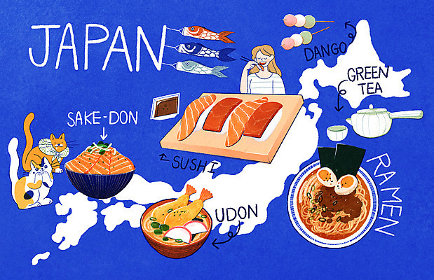 PSD 여자 두마리 일러스트 한명 성인 파란색 일본 고양이 초밥 라멘 녹차 우동 당고 일본지도 일본음식 성인여자한명만 연어덮밥 국내일러스트 1 아시아 음식 컬러 지도 2 포유류 사람 차_음료 반려동물 면류 여자한명만 성인여자만 파일형식