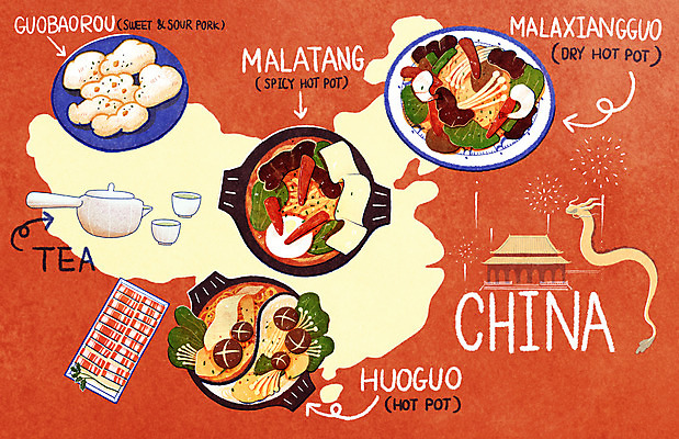 PSD 일러스트 사람없음 빨간색 중식 중국 용 차 자금성 중국지도 훠궈 마라탕 마라샹궈 꿔바로우 국내일러스트 아시아 음료 음식 컬러 지도 궁전 베이징 파일형식