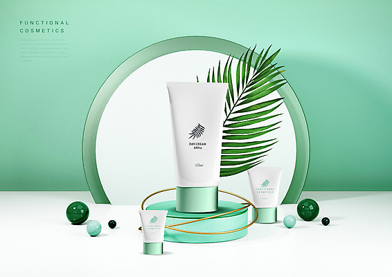 PSD 편집이미지 백그라운드 사람없음 3D 화장품 원형 피부관리 로션 스킨케어 야자수잎 단상 기초화장품 민트색 보습크림 편집3D 도형 컬러 잎 뷰티 디지털합성 파일형식