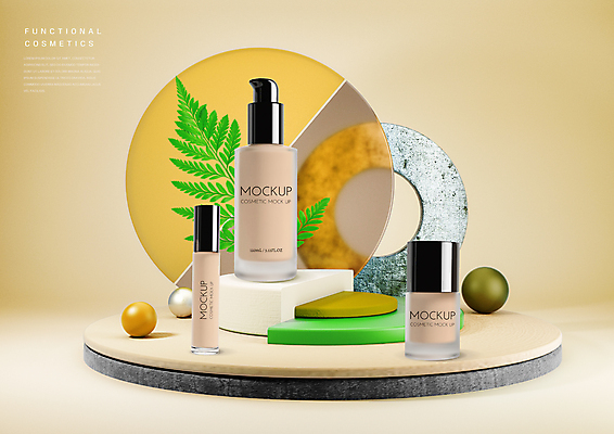 PSD 편집이미지 백그라운드 나뭇잎 사람없음 3D 주황색 화장품 돌_바위 원형 단상 컨실러 파운데이션 편집3D 도형 컬러 잎 뷰티 디지털합성 파일형식