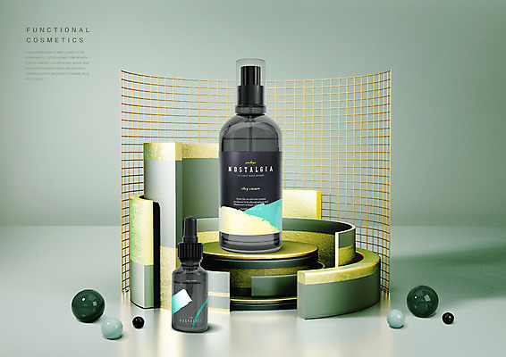 PSD 편집이미지 백그라운드 사람없음 초록색 3D 화장품 원형 피부관리 스킨케어 단상 기초화장품 앰플 편집3D 도형 컬러 뷰티 디지털합성 파일형식