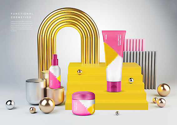 PSD 편집이미지 분홍색 백그라운드 사람없음 노란색 3D 화장품 원형 피부관리 스킨케어 기초화장품 보습크림 스킨로션 편집3D 도형 컬러 뷰티 디지털합성 파일형식