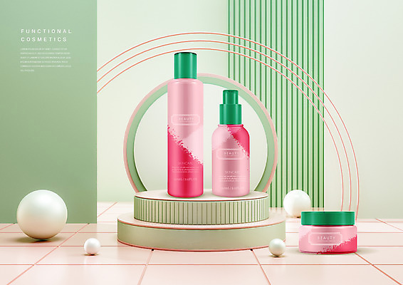 PSD 편집이미지 분홍색 백그라운드 사람없음 연두색 3D 화장품 원형 피부관리 스킨케어 기초화장품 수분크림 편집3D 도형 컬러 초록색 뷰티 디지털합성 파일형식