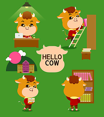 전신 구름 캐릭터 안경 여러마리 일러스트 사다리 조명 책장 서기 들기 앉기 사람없음 책 노트북 태양 잡기 소 도서관 꽂음 소캐릭터 일러캐릭터 AI파일 자연요소 잡화 교육 동물캐릭터 가구 다수 포유류 모션 전자제품 도구 파일형식 벡터