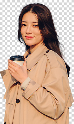 편집 편집이미지 여자 커피 한명 서기 미소 들기 누끼 상반신 20대 성인 옆모습 다정 한국인 트렌치코트 PNG 성인여자한명만 편집소스 1 음료 뷰포인트 컨셉 모션 표정 사람 동양인 청년 코트 여자한명만 성인여자만 파일형식