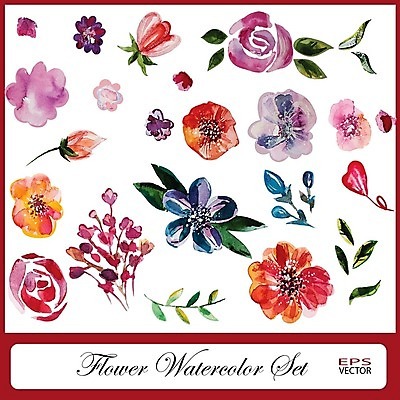 EPS 해외이미지 꽃 백그라운드 잎 꽃무늬 패턴 일러스트 수채화 사람없음 빨간색 장미 수집 해외202004 해외202105 해외일러스트 식물 컬러 무늬 파일형식 벡터