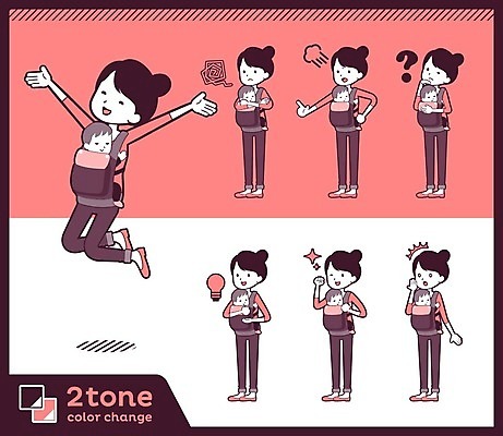 EPS 해외이미지 전신 여자 분홍색 허리손 생각 일러스트 전구 엄마 서기 여러명 점프 놀람 주먹 분노 물음표 자녀 아기 호기심 곤란 해외202004 해외202105 해외일러스트 기호 감정 컬러 포즈 다수 컨셉 가족 모션 표정 사람 파일형식 벡터