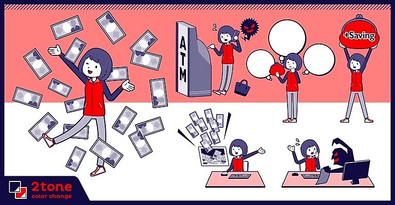 EPS 해외이미지 전신 여자 분홍색 지폐 생각 일러스트 서기 들기 여러명 상반신 성인 컴퓨터 손들기 놀람 저축 속임수 범죄 통화 ATM 강요 동전주머니 보이스피싱 성인여자만 해외202004 해외202105 해외일러스트 감정 컬러 다수 컨셉 돈 모션 표정 사람 금융 전자제품 주머니 피싱 여자만 성인만 파일형식 벡터