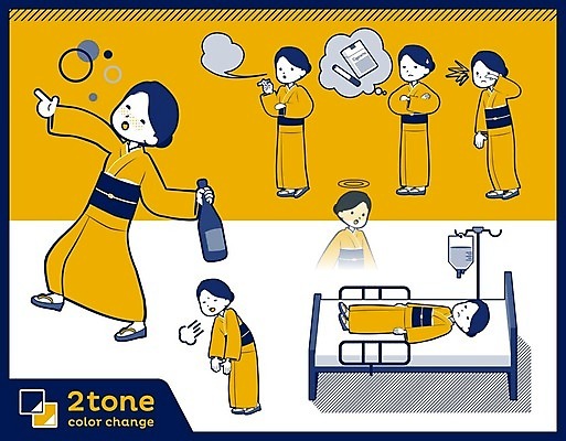 EPS 해외이미지 전신 여자 생각 일러스트 술병 흡연 담배 들기 여러명 상반신 성인 눕기 노란색 놀람 죽음 한숨 유령 기모노 일본인 남색 링거 만취 병원침대 술취함 흡연자 성인여자만 해외202004 해외202105 해외일러스트 외국인 감정 컬러 다수 의료기기 모션 병_용기 주류 표정 사람 동양인 침대 일본전통의상 여자만 성인만 파일형식 벡터