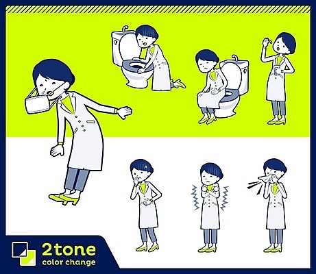 EPS 해외이미지 전신 여자 일러스트 마스크 들기 앉기 여러명 성인 연두색 약 의사 남색 먹기 변기 구토 기침 오한 재채기 성인여자만 코풀기 해외202004 해외202105 해외일러스트 컬러 다수 의학 모션 사람 초록색 의료진 증상 여자만 성인만 파일형식 벡터