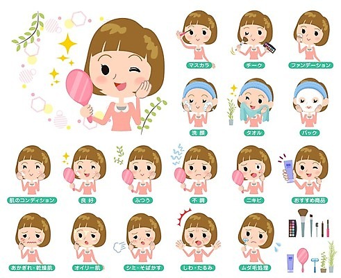 EPS 해외이미지 여자 일러스트 들기 여러명 상반신 성인 수건 화장 놀람 주름 찡그림 세수 한숨 볼터치 피부관리 마스카라 손거울 닦기 스킨케어 마스크팩 여드름 자기관리 성인여자만 해외202004 해외202105 해외일러스트 감정 다수 모션 표정 사람 위생용품 뷰티 청결 화장품 거울 팩 여자만 성인만 파일형식 벡터