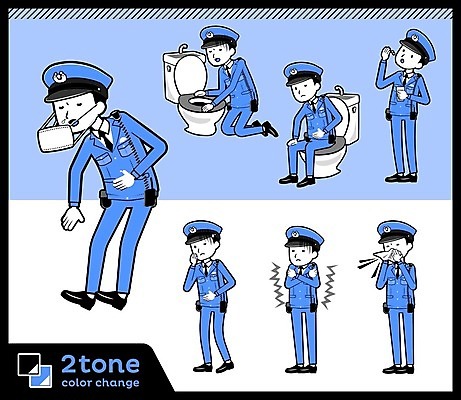 EPS 해외이미지 전신 남자 하늘색 일러스트 마스크 들기 앉기 여러명 성인 약 경찰 먹기 경찰복 변기 구토 기침 오한 재채기 성인남자만 코풀기 해외202004 해외202105 해외일러스트 직업 다수 유니폼 의학 모션 사람 파란색 증상 남자만 성인만 파일형식 벡터