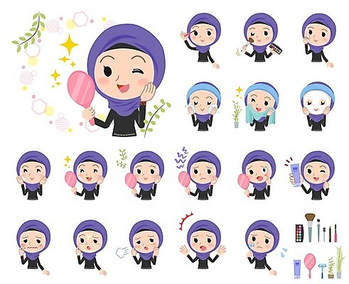 EPS 해외이미지 여자 일러스트 들기 여러명 상반신 성인 수건 화장 놀람 주름 찡그림 세수 한숨 볼터치 피부관리 마스카라 손거울 닦기 스킨케어 마스크팩 여드름 자기관리 중동인 성인여자만 해외202004 해외202105 해외일러스트 외국인 감정 다수 모션 표정 사람 위생용품 뷰티 청결 화장품 거울 팩 여자만 성인만 파일형식 벡터