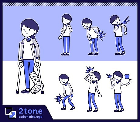 EPS 해외이미지 전신 여자 일러스트 서기 여러명 성인 잡기 상처 두통 연보라색 목발 깁스 무릎통증 어깨통증 치통 허리통증 성인여자만 해외202004 해외202105 해외일러스트 다수 의료기기 모션 사람 보라색 고통 의료용품 질병 여자만 성인만 파일형식 벡터