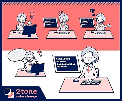 EPS 해외이미지 전신 여자 노년 할머니 분홍색 말풍선 일러스트 전구 말하기 여러명 컴퓨터 모니터 놀람 의사 물음표 키보드 업무 책상 호기심 노인여자만 해외202004 해외202105 해외일러스트 기호 감정 컬러 가구 다수 컨셉 모션 표정 사람 성인 전자제품 의료진 작업 여자만 노인만 파일형식 벡터