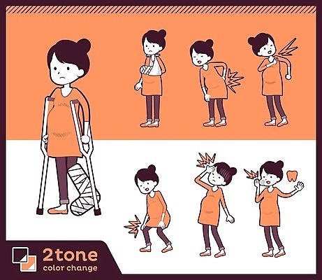EPS 해외이미지 전신 여자 일러스트 서기 여러명 성인 임산부 잡기 상처 두통 목발 깁스 무릎통증 어깨통증 치통 허리통증 성인여자만 코랄 해외202004 해외202105 해외일러스트 컬러 다수 의료기기 모션 사람 임신 고통 의료용품 질병 여자만 성인만 파일형식 벡터