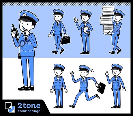 EPS 해외이미지 전신 남자 하늘색 가방 일러스트 서기 들기 여러명 성인 달리기 경찰 바쁨 경찰복 무전기 서류더미 서류판 성인남자만 해외202004 해외202105 해외일러스트 직업 잡화 다수 유니폼 모션 무선통신 사람 파란색 사무용품 문서 남자만 성인만 파일형식 벡터 더미