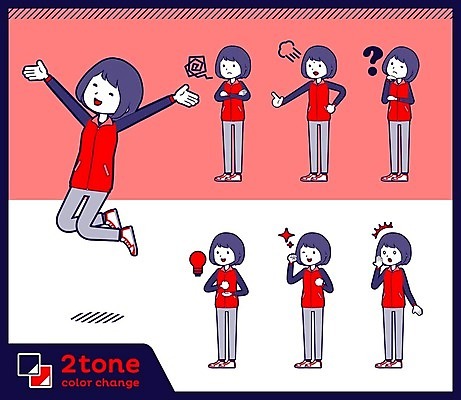 EPS 해외이미지 전신 여자 분홍색 허리손 생각 일러스트 전구 서기 여러명 성인 점프 놀람 주먹 분노 물음표 호기심 곤란 성인여자만 해외202004 해외202105 해외일러스트 기호 감정 컬러 포즈 다수 컨셉 모션 표정 사람 여자만 성인만 파일형식 벡터