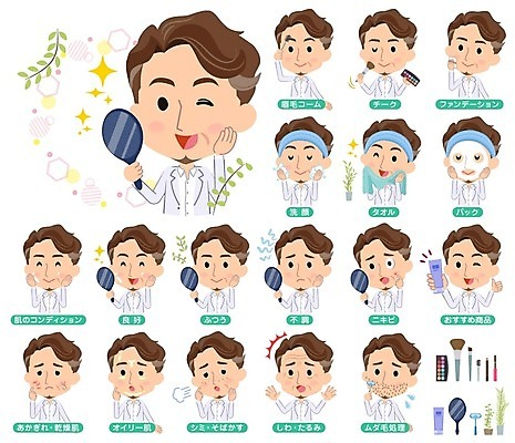 EPS 해외이미지 남자 일러스트 들기 여러명 상반신 성인 수건 화장 놀람 주름 세수 한숨 피부관리 손거울 면도 면도기 마스크팩 여드름 메이크업브러쉬 흉터 성인남자만 해외202004 해외202105 해외일러스트 감정 다수 모션 표정 사람 위생용품 뷰티 청결 거울 붓 상처 팩 남자만 성인만 파일형식 벡터