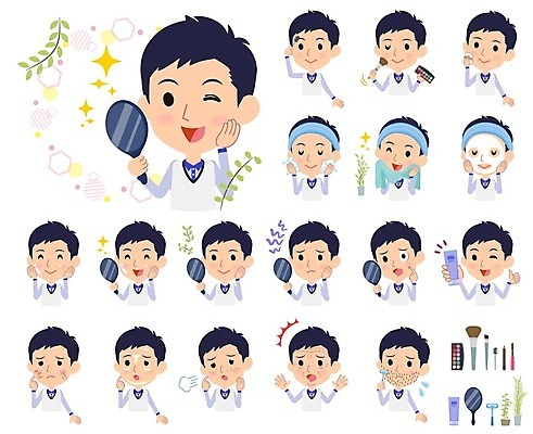 EPS 해외이미지 남자 일러스트 들기 여러명 상반신 성인 수건 화장 놀람 주름 세수 한숨 피부관리 손거울 면도 면도기 마스크팩 여드름 메이크업브러쉬 흉터 성인남자만 해외202004 해외202105 해외일러스트 감정 다수 모션 표정 사람 위생용품 뷰티 청결 거울 붓 상처 팩 남자만 성인만 파일형식 벡터