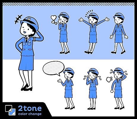 EPS 해외이미지 전신 여자 허리손 하늘색 말풍선 일러스트 말하기 서기 웃음 여러명 성인 걷기 만세 경찰 한숨 눈물 경찰복 여경 좋음 성인여자만 해외202004 땀흘리기 해외202105 해외일러스트 직업 감정 포즈 다수 컨셉 유니폼 모션 표정 사람 파란색 여자만 성인만 파일형식 벡터