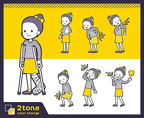 EPS 해외이미지 전신 여자 어린이 일러스트 서기 여러명 노란색 잡기 상처 두통 목발 깁스 무릎통증 어깨통증 치통 허리통증 소녀만 해외202004 해외202105 해외일러스트 컬러 다수 의료기기 모션 사람 고통 의료용품 질병 여자만 어린이만 파일형식 벡터