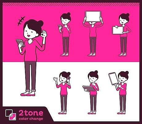 EPS 해외이미지 전신 여자 일러스트 서기 들기 여러명 성인 스마트폰 태블릿 터치 가리킴 OK 통화 보여주기 진분홍색 성인여자만 해외202004 해외202105 해외일러스트 분홍색 다수 모션 사람 손짓 전자제품 핸드폰 스마트기기 여자만 성인만 파일형식 벡터