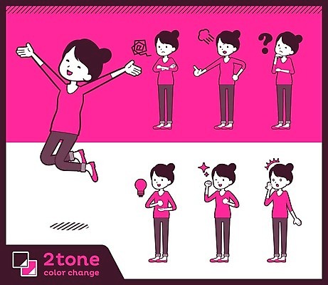 EPS 해외이미지 전신 여자 허리손 생각 일러스트 전구 서기 여러명 성인 점프 놀람 주먹 분노 물음표 호기심 곤란 진분홍색 성인여자만 해외202004 해외202105 해외일러스트 기호 감정 분홍색 포즈 다수 컨셉 모션 표정 사람 여자만 성인만 파일형식 벡터