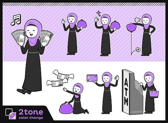 EPS 해외이미지 전신 여자 허리손 지폐 일러스트 서기 들기 여러명 성인 동전 신용카드 떨어짐 OK 무릎꿇기 즐거움 손뻗기 ATM 돈부채 동전주머니 중동인 히잡 성인여자만 해외202004 해외202105 해외일러스트 외국인 감정 포즈 다수 컨셉 돈 모션 사람 손짓 금융 부채 주머니 이슬람문화 여자만 성인만 파일형식 벡터