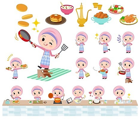 EPS 해외이미지 전신 여자 어린이 음식 일러스트 윙크 스테이크 요리 서기 들기 여러명 상반신 걷기 프라이팬 설거지 먹기 재료손질 장바구니 조리대 뒤집개 전골 요리중 팬케이크 간보기 섞기 중동인 짜기 히잡 소녀만 해외202004 해외202105 해외일러스트 외국인 다수 가사 모션 주방용품 서양음식 표정 사람 쇼핑 바구니 케이크 손질 이슬람문화 여자만 어린이만 파일형식 벡터